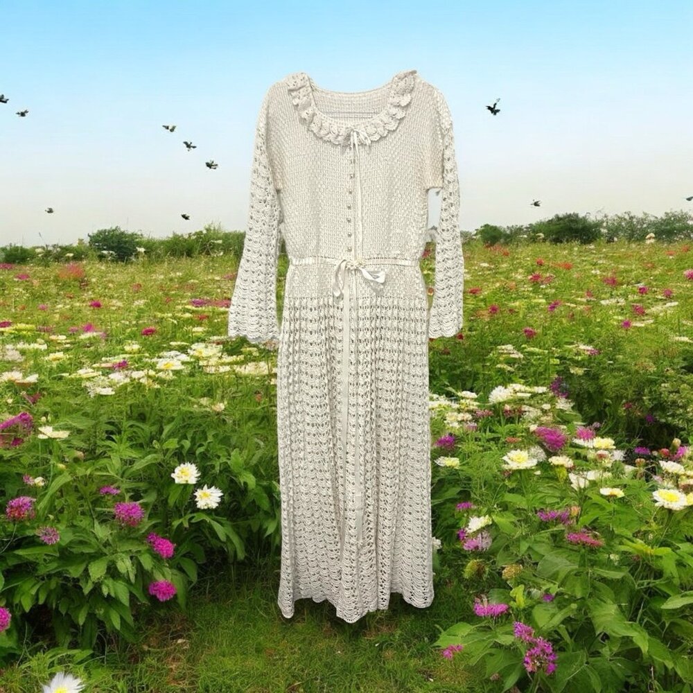 WHITE knit LaceCrochet Maxi DRESS No Size READ Measurements cottage garden